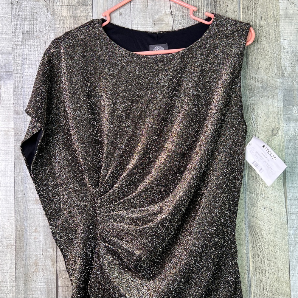 Vince Camuto Size 10 Metallic Gold/Silver/Black Asymmetrical Lined Sheath Dress - Picture 5 of 13